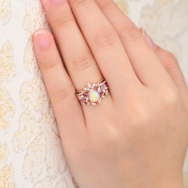 3PCS Pear Shaped Pink Opal Bridal Ring Set Rose Gold Wedding Ring Set for Women