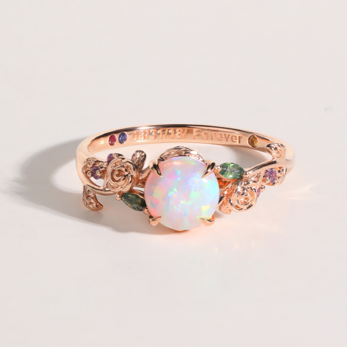 14K Rose Gold Round Opal Engagement Ring Rose Leaf Nature Inspired Wedding Ring
