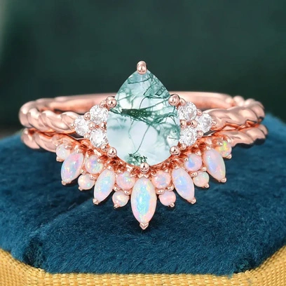 opal wedding band moss agate ring
