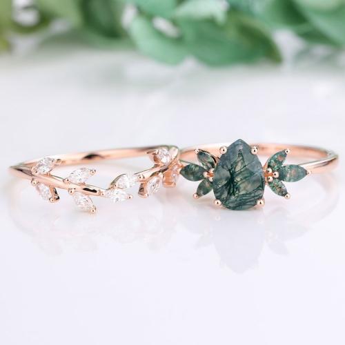 Couples Wedding Ring Sets Pear Shape Moss Agate Ring wIth Moissanite Curved Twig Band Sets