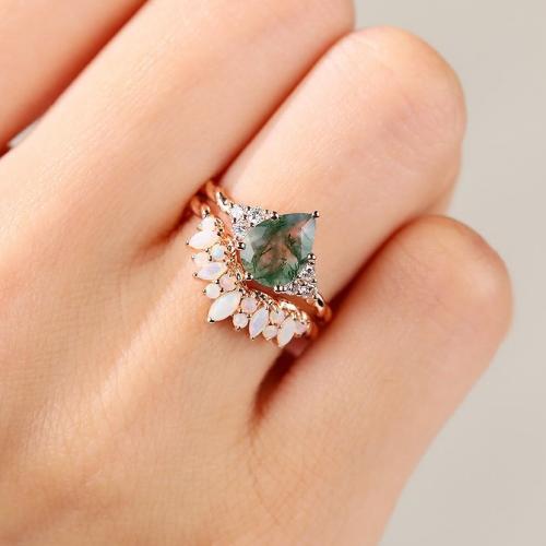 Pear Moss Agate Engagement Ring and Opal Wedding Band