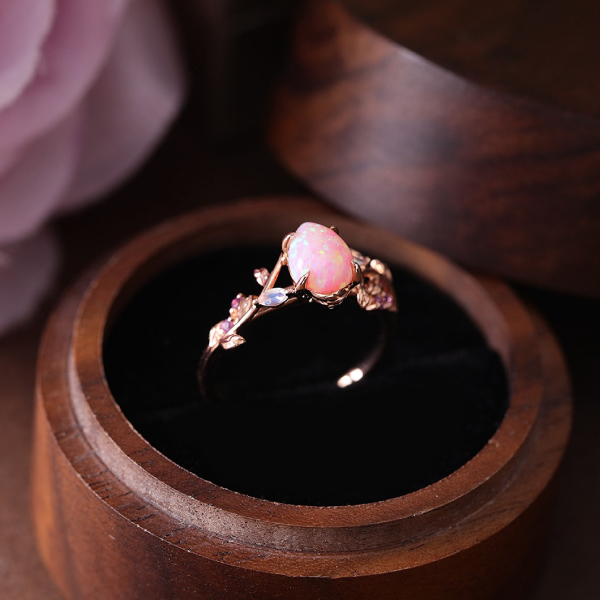 Rose Gold Pear Shaped Pink Opal Engagement Ring Nature Inspired Leaf Vine Promise Ring