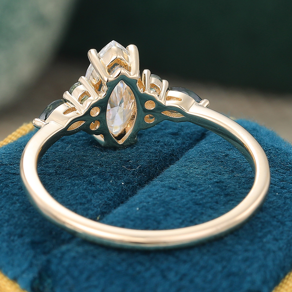 Moissanite & Green Blue Sapphire Engagement Ring Yellow Gold Cluster Bridal Ring for Women