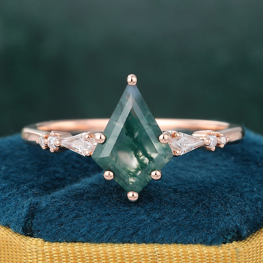 Kite Cut Moss Agate Engagement Ring with Diamond Accents in Rose Gold