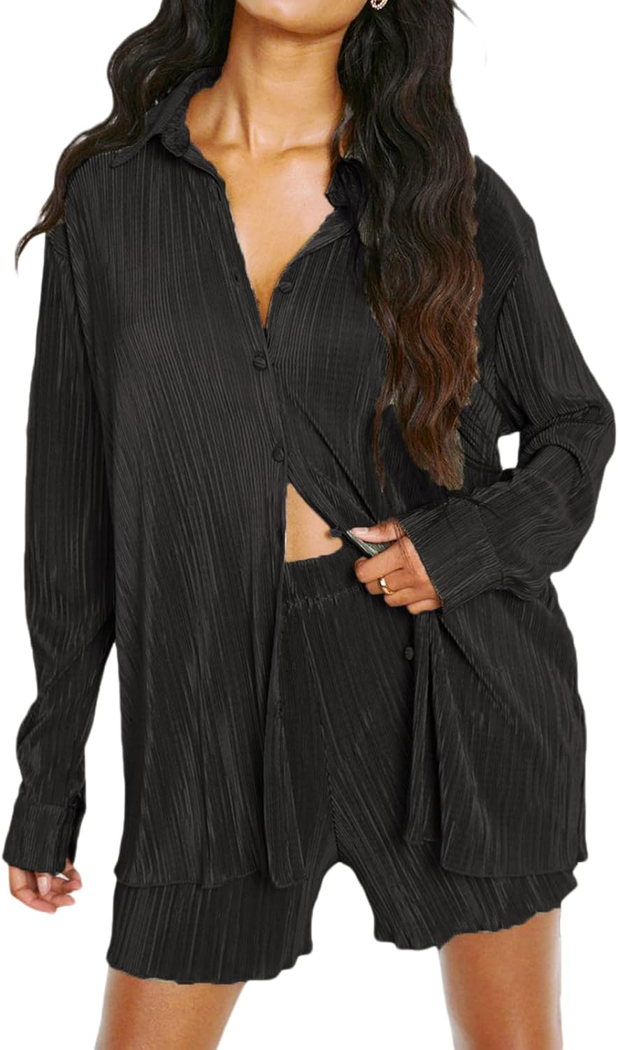 Women's Vintage 2-Piece Pleated Outfit with Button Blouse and Wide Leg Pants