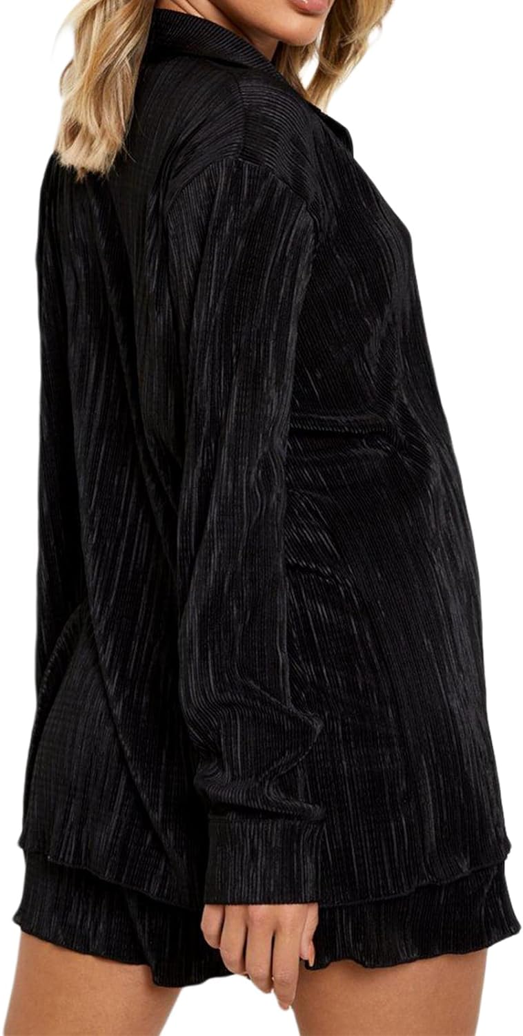 Women's Vintage 2-Piece Pleated Outfit with Button Blouse and Wide Leg Pants