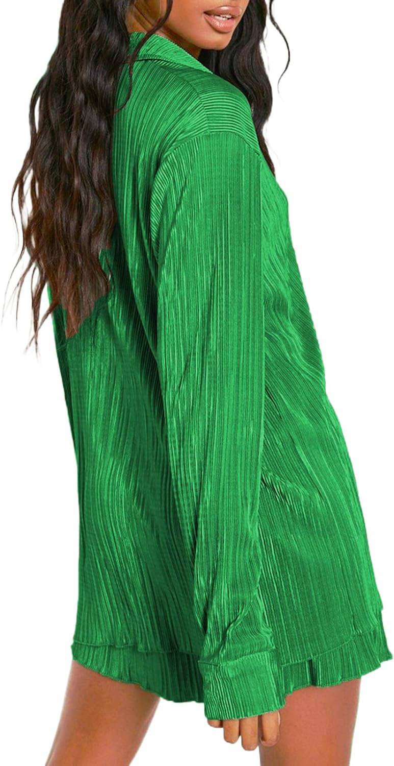 Women's Vintage 2-Piece Pleated Outfit with Button Blouse and Wide Leg Pants