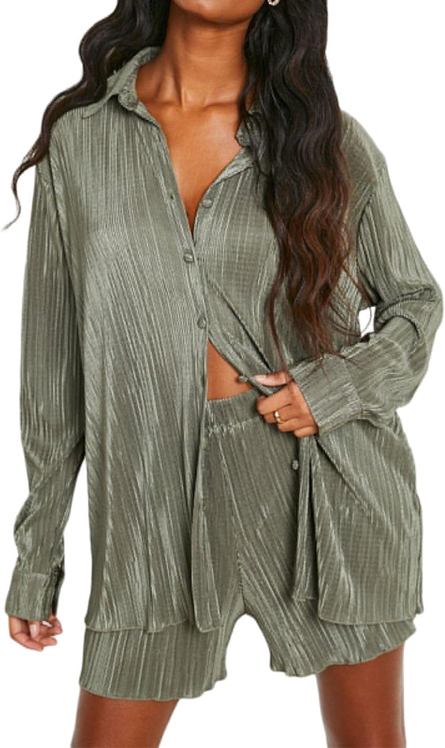 Women's Vintage 2-Piece Pleated Outfit with Button Blouse and Wide Leg Pants