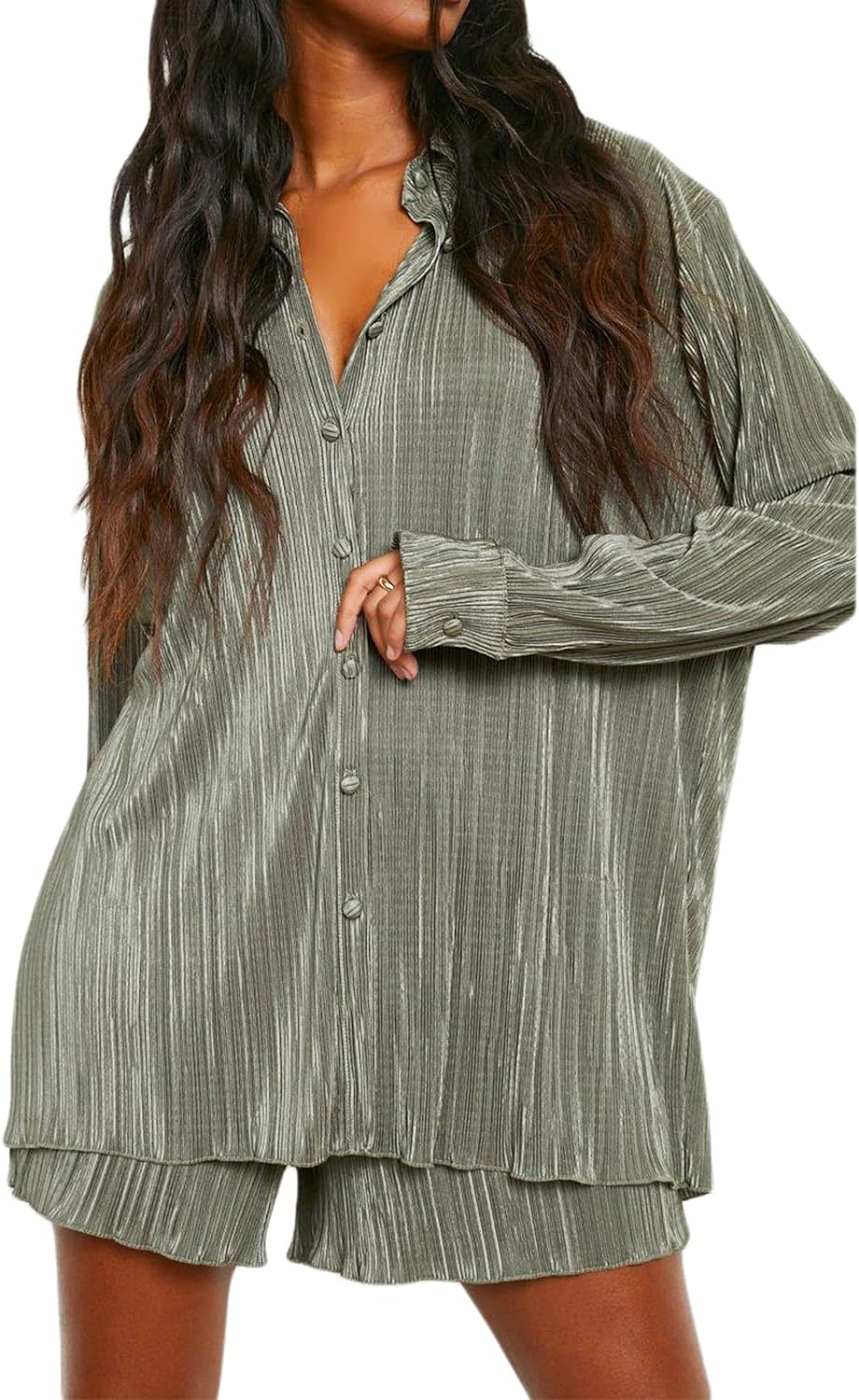 Women's Vintage 2-Piece Pleated Outfit with Button Blouse and Wide Leg Pants