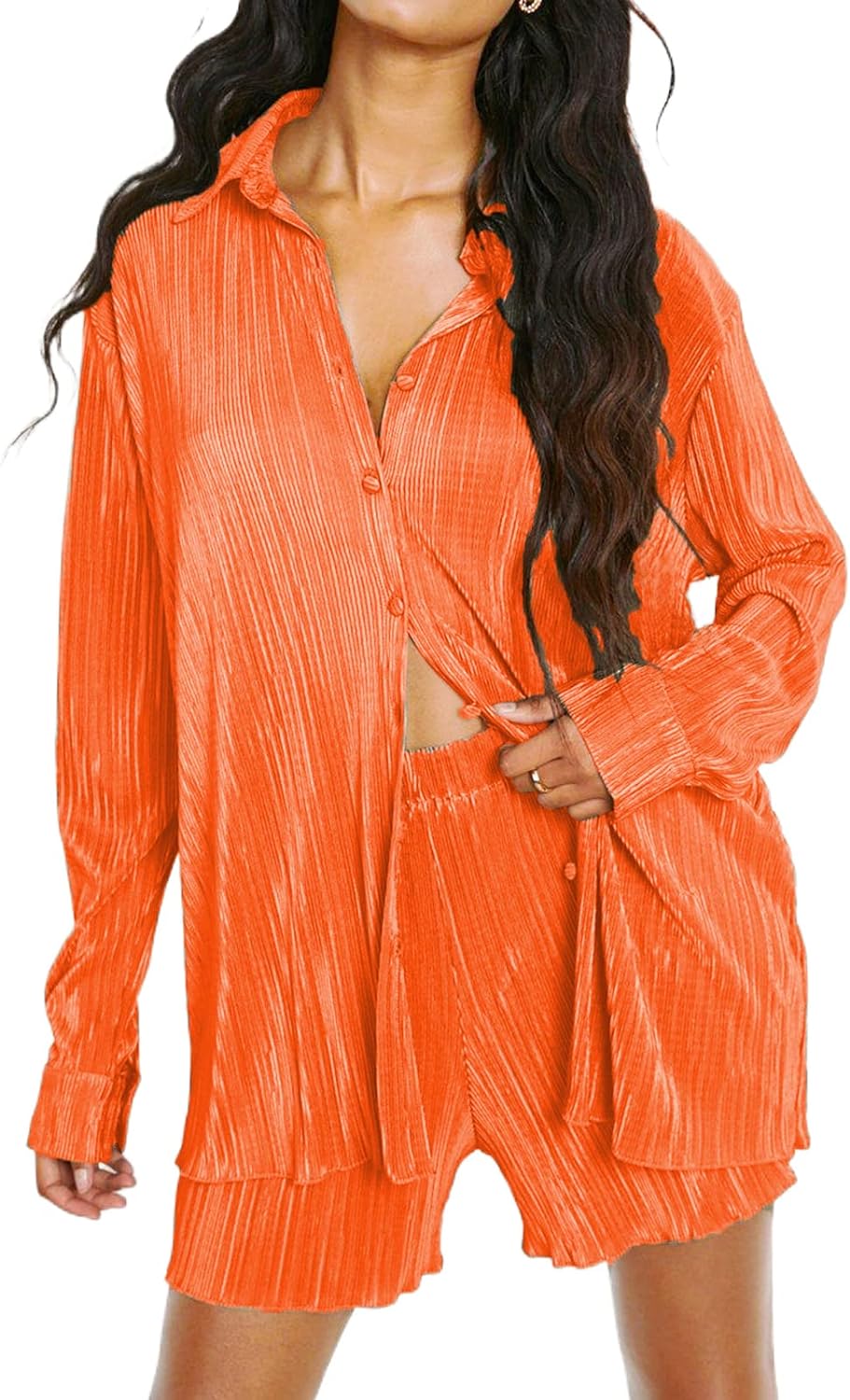 Women's Vintage 2-Piece Pleated Outfit with Button Blouse and Wide Leg Pants