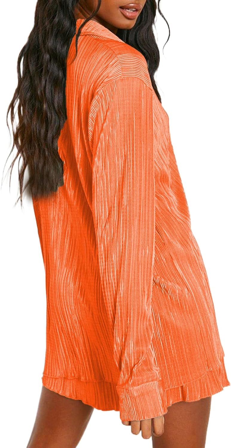 Women's Vintage 2-Piece Pleated Outfit with Button Blouse and Wide Leg Pants