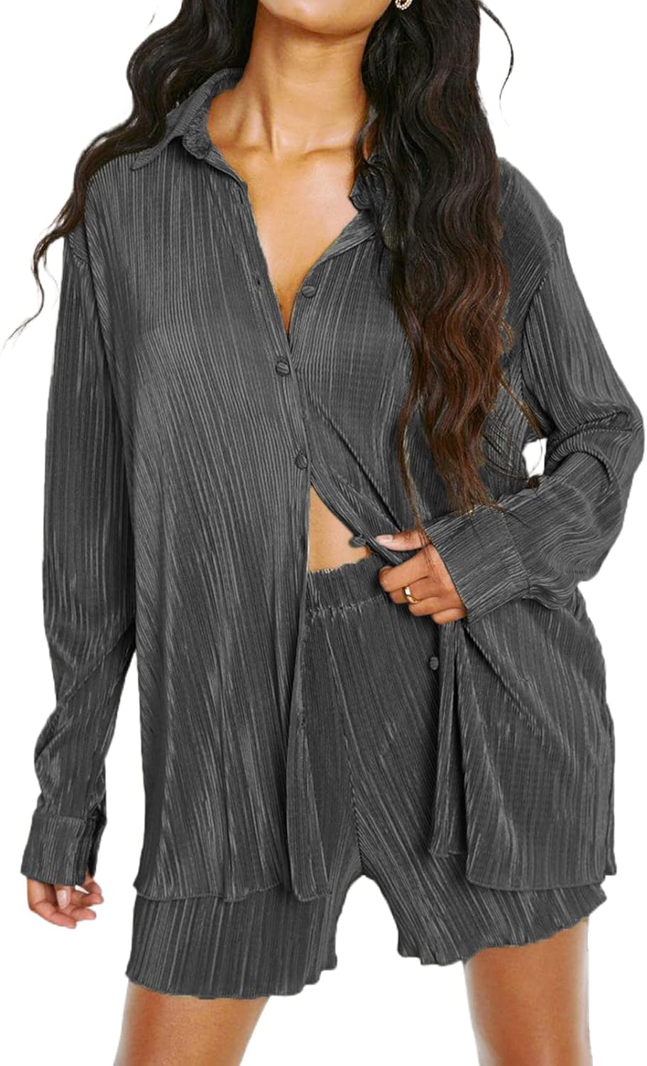 Women's Vintage 2-Piece Pleated Outfit with Button Blouse and Wide Leg Pants
