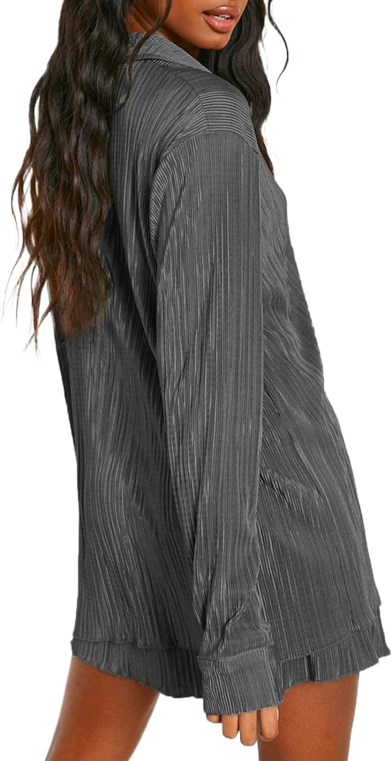 Women's Vintage 2-Piece Pleated Outfit with Button Blouse and Wide Leg Pants