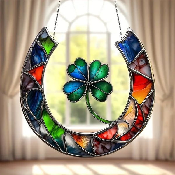 🍀Handmade Lucky Four-Leaf Clover & Horseshoe Stained Suncatcher🧲