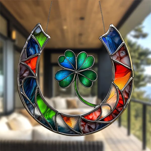 🍀Handmade Lucky Four-Leaf Clover & Horseshoe Stained Suncatcher🧲