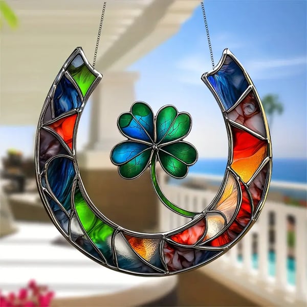 🍀Handmade Lucky Four-Leaf Clover & Horseshoe Stained Suncatcher🧲