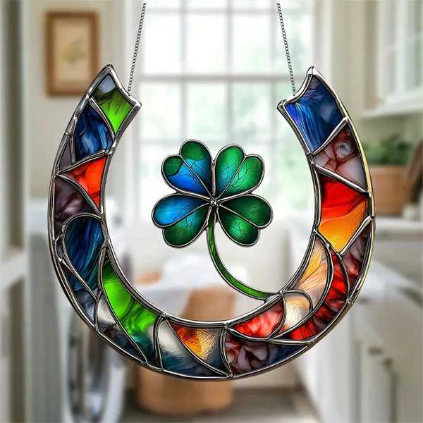 🍀Handmade Lucky Four-Leaf Clover & Horseshoe Stained Suncatcher🧲