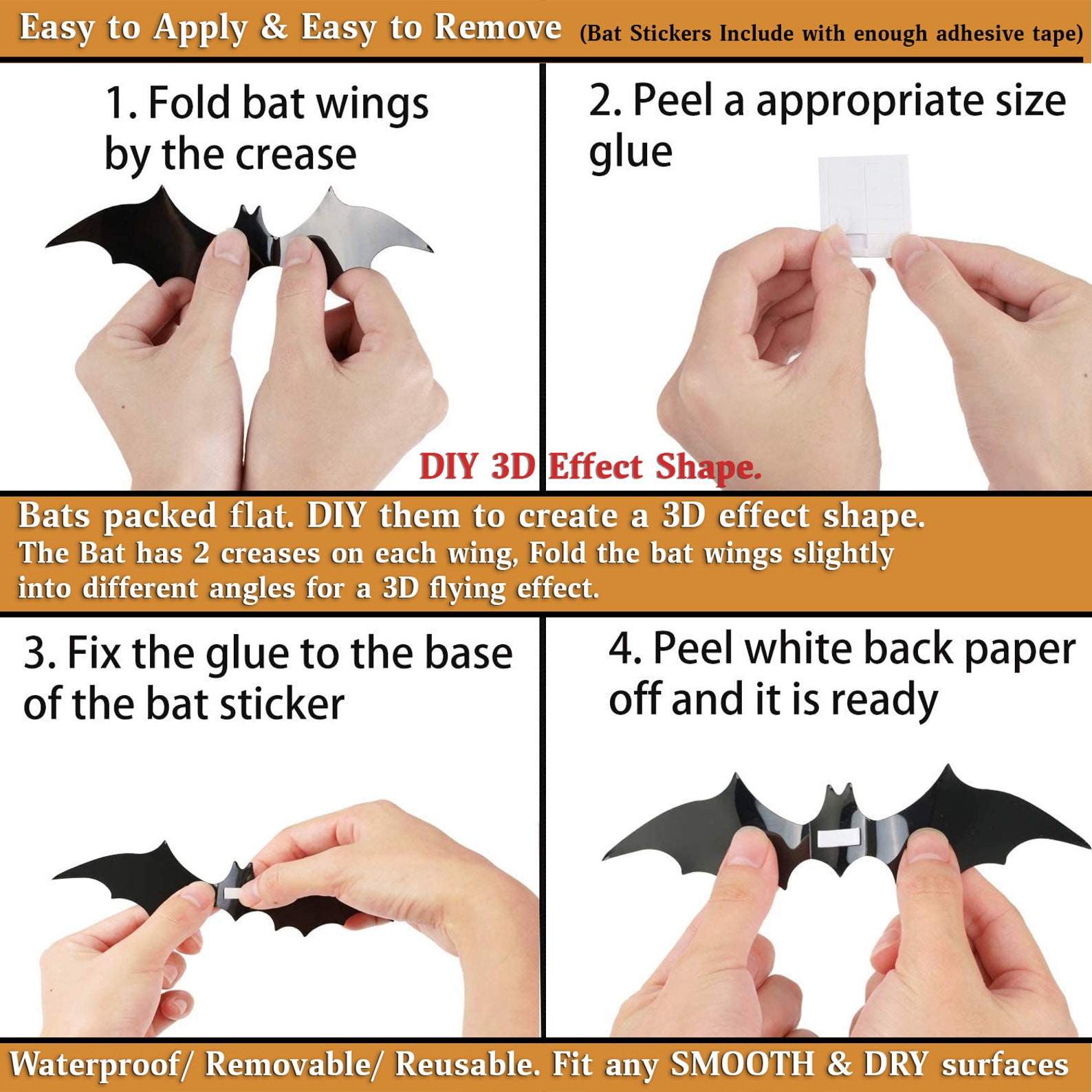 Black 3D Bats Waterproof Stickers For Gothic Home Decor