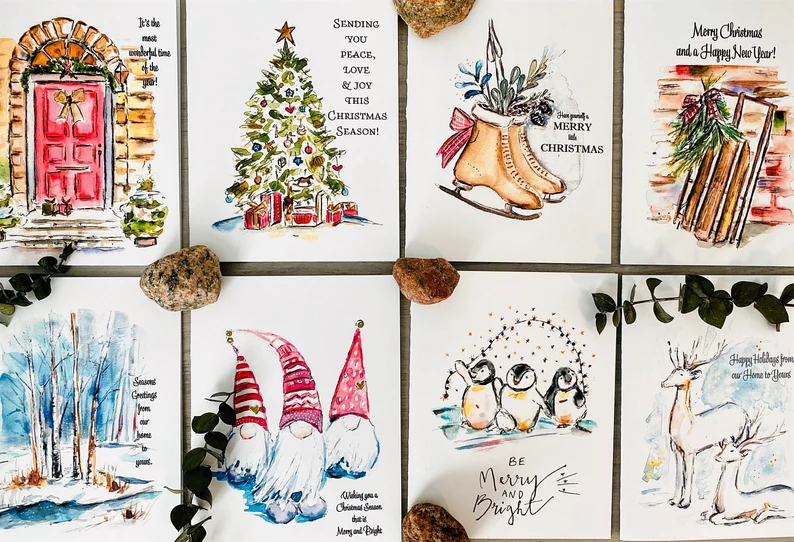 Illustrated Christmas Cards with Greetings (8pcs)