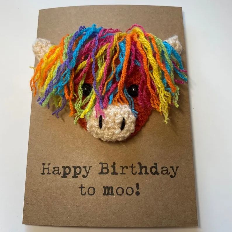 Birthday Card - Crochet Highland Cow Card
