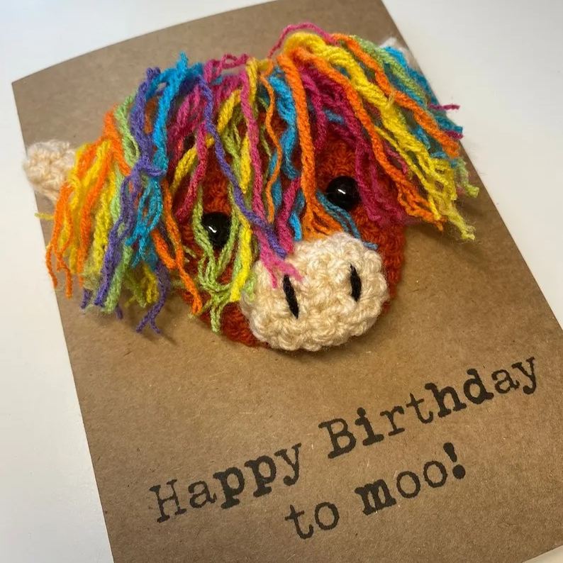 Birthday Card - Crochet Highland Cow Card