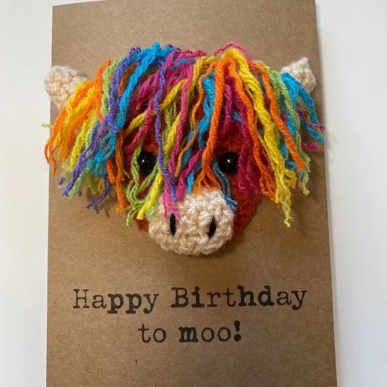 Birthday Card - Crochet Highland Cow Card