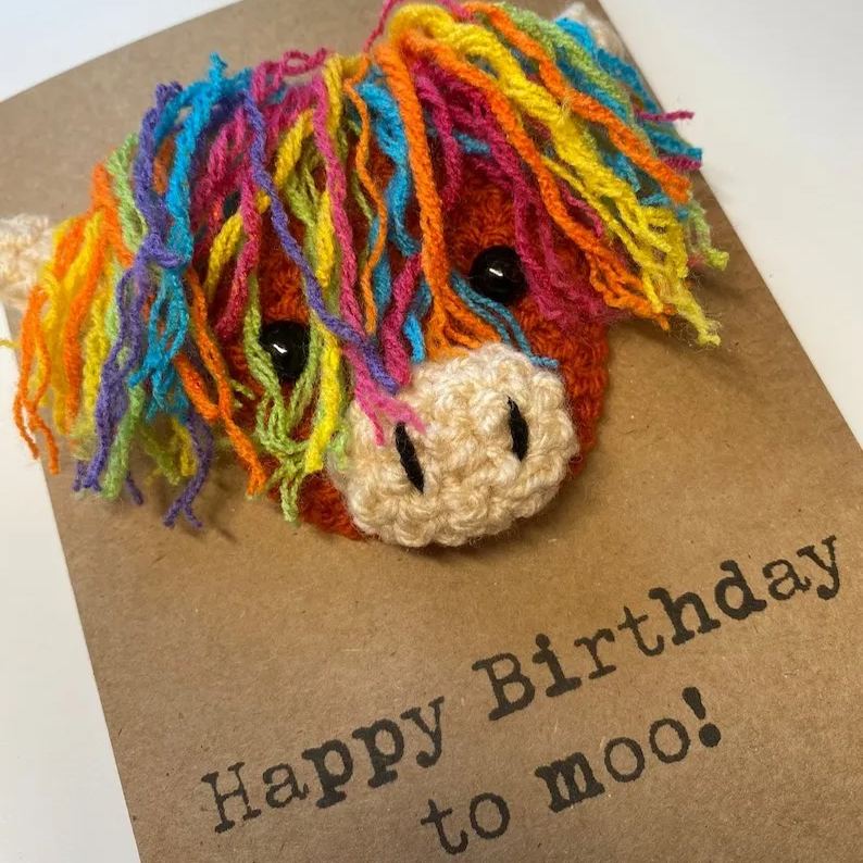 Birthday Card - Crochet Highland Cow Card