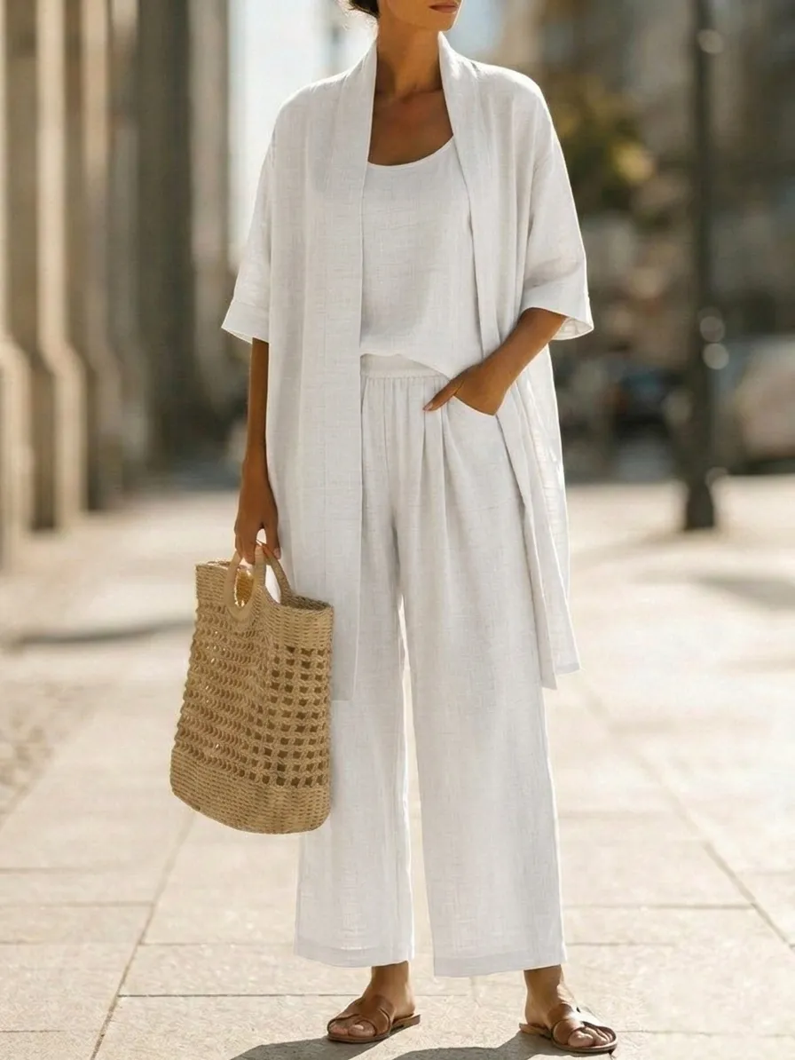 Minimalist Linen-cotton Three-piece Set - Comfortable For Everyday Wear