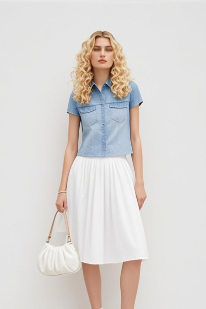 Cropped Short Sleeve Denim Shirt