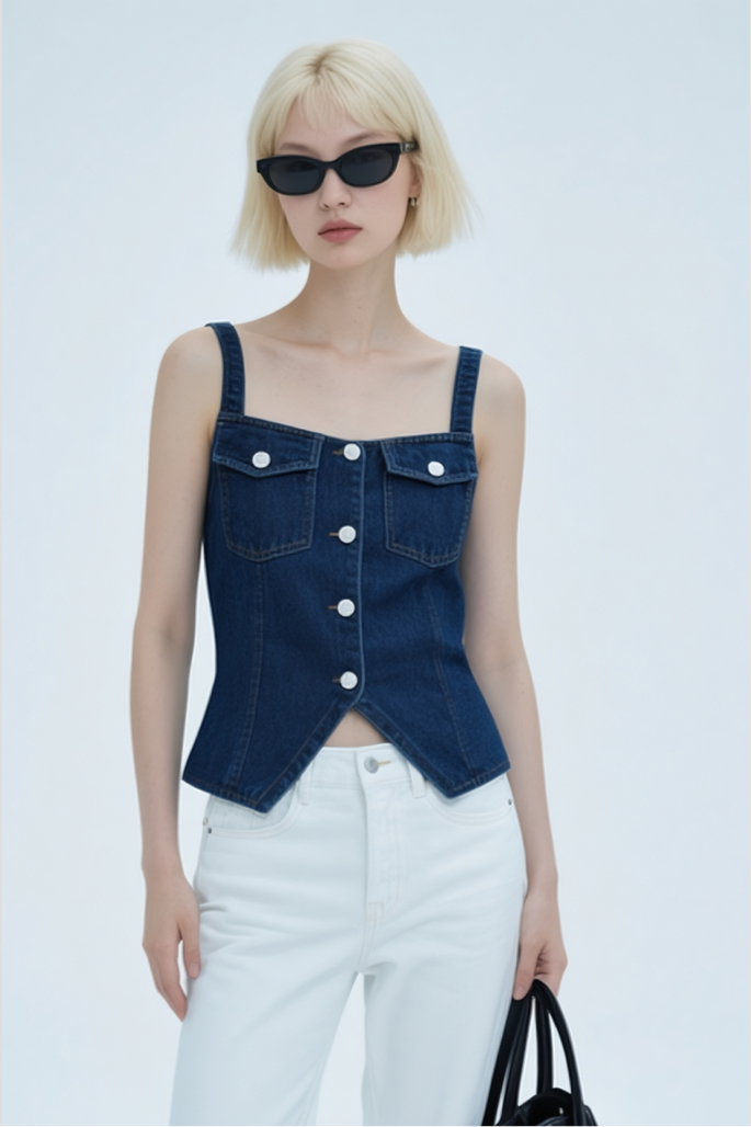 Square Neck Shrunken '90s Linen & Denim Vest