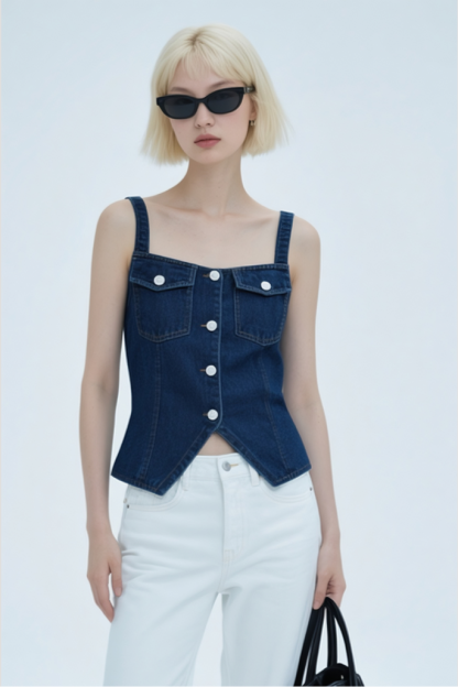 Square Neck Shrunken '90s Linen & Denim Vest