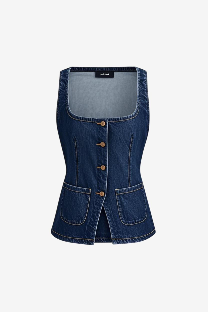 Square Neck Shrunken '90s Linen & Denim Vest