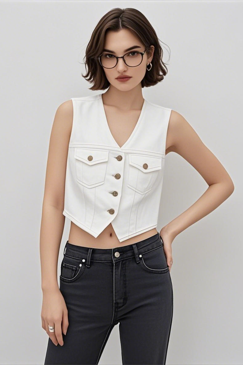 Crop Shrunken '90s Linen & Denim Vest