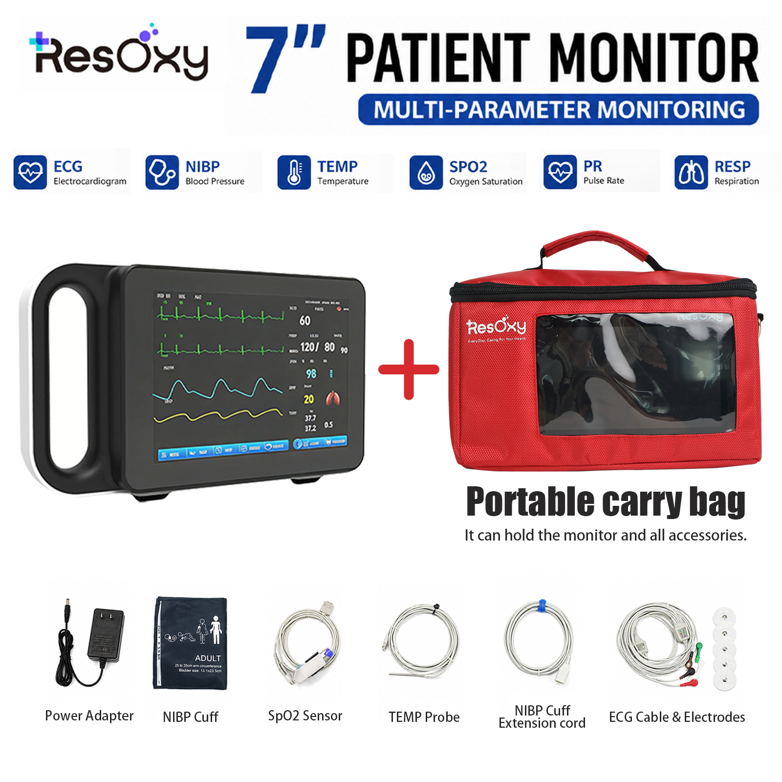 7" Portable Patient Vital Signs Monitor ECG/NIBP/TEMP/RESP/SPO2/PR Handheld