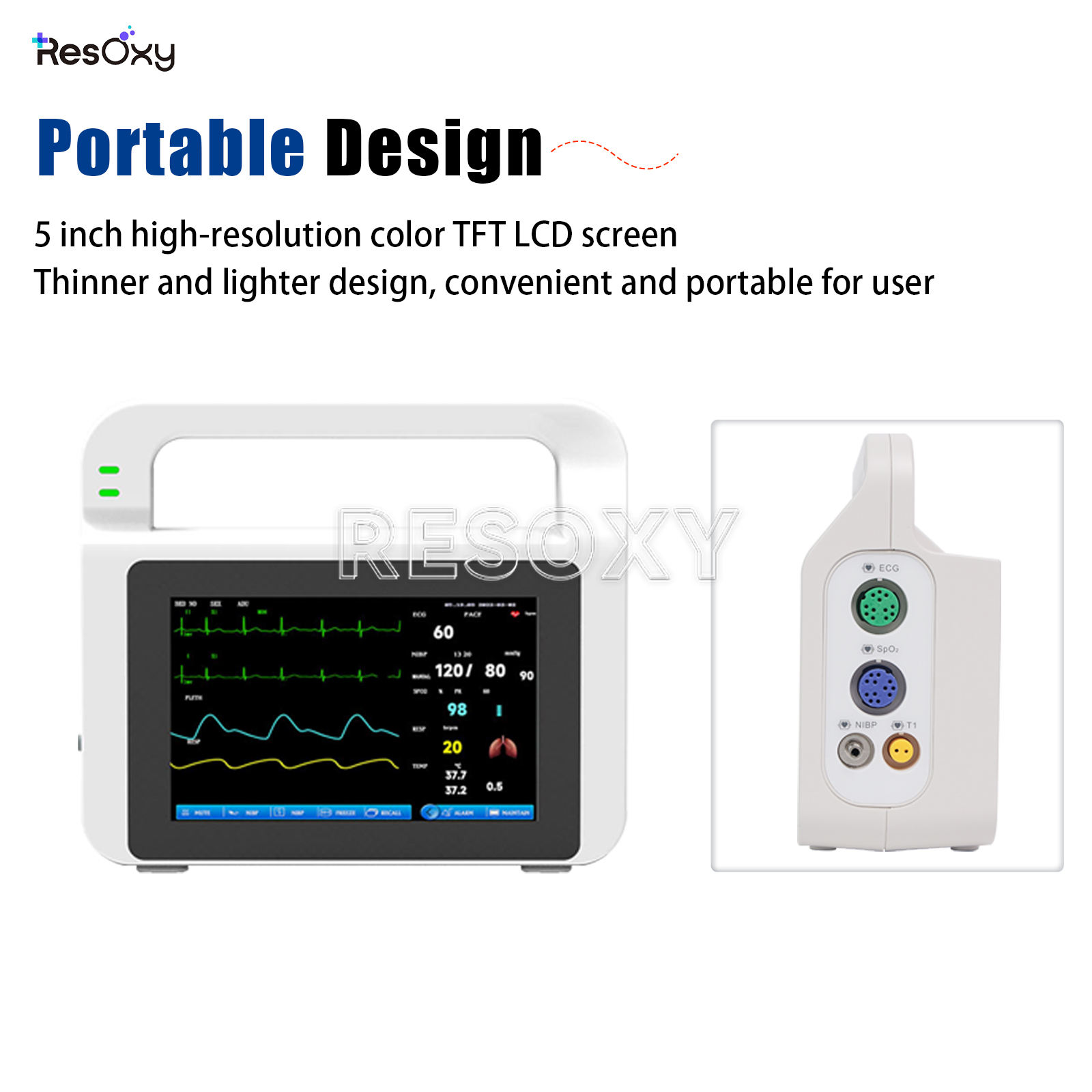 Patient Vital Signs Monitor 5" High Definition Screen ECG/NIBP/TEMP/RESP/SPO2/PR