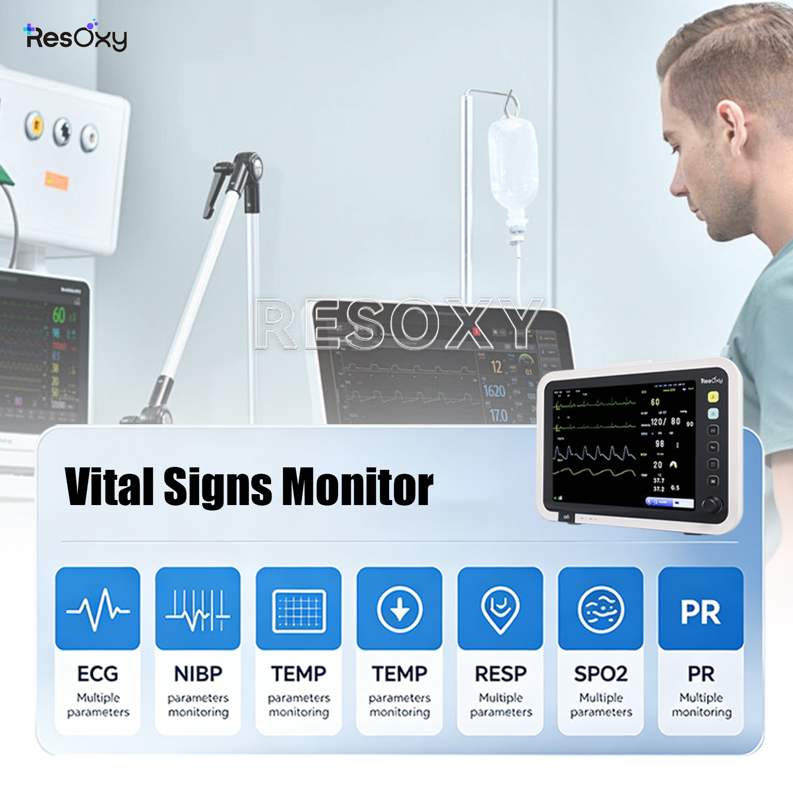  12.1" Patient Vital Signs Monitor ECG/NIBP/TEMP/RESP/SPO2/PR ICU Bedside