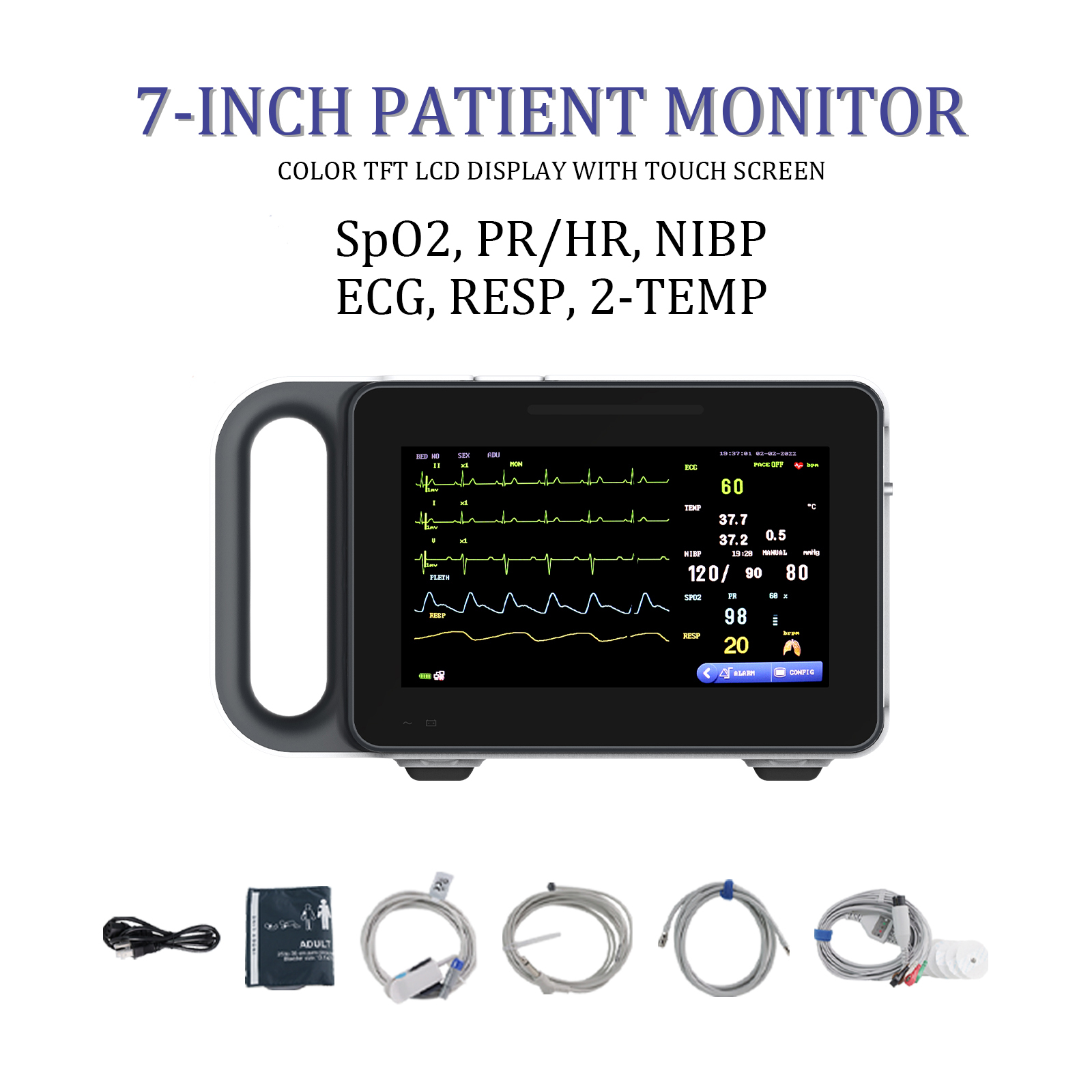 7” Portable Multi-Parameter Patient Vital Signs Monitor ECG/NIBP/SpO₂/TEMP/RESP/PR for Bedside & Mobile Use