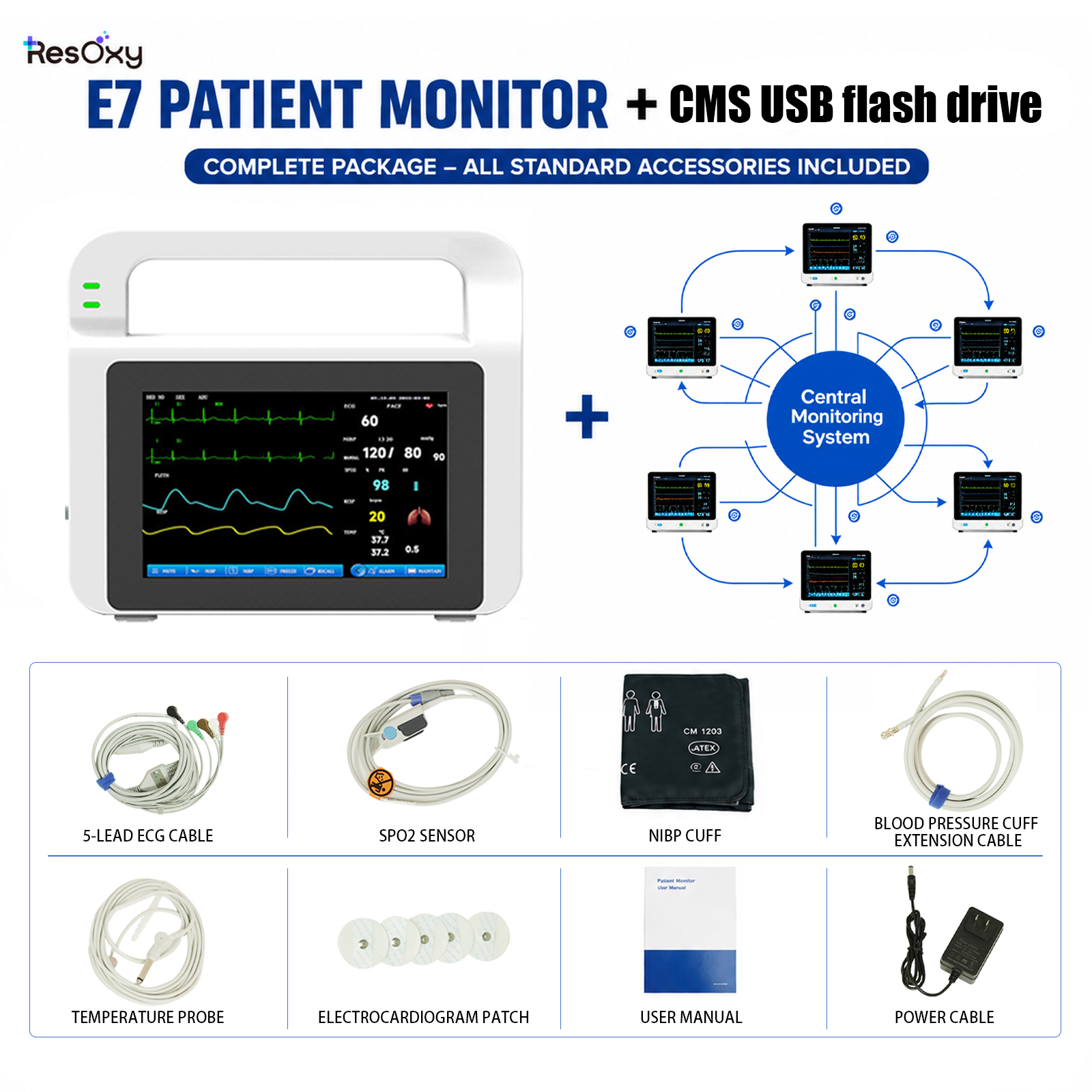 5” Portable Multi-Parameter Patient Vital Signs Monitor ECG/NIBP/SpO₂/TEMP/RESP/PR for Hospital, Clinic & Bedside Use