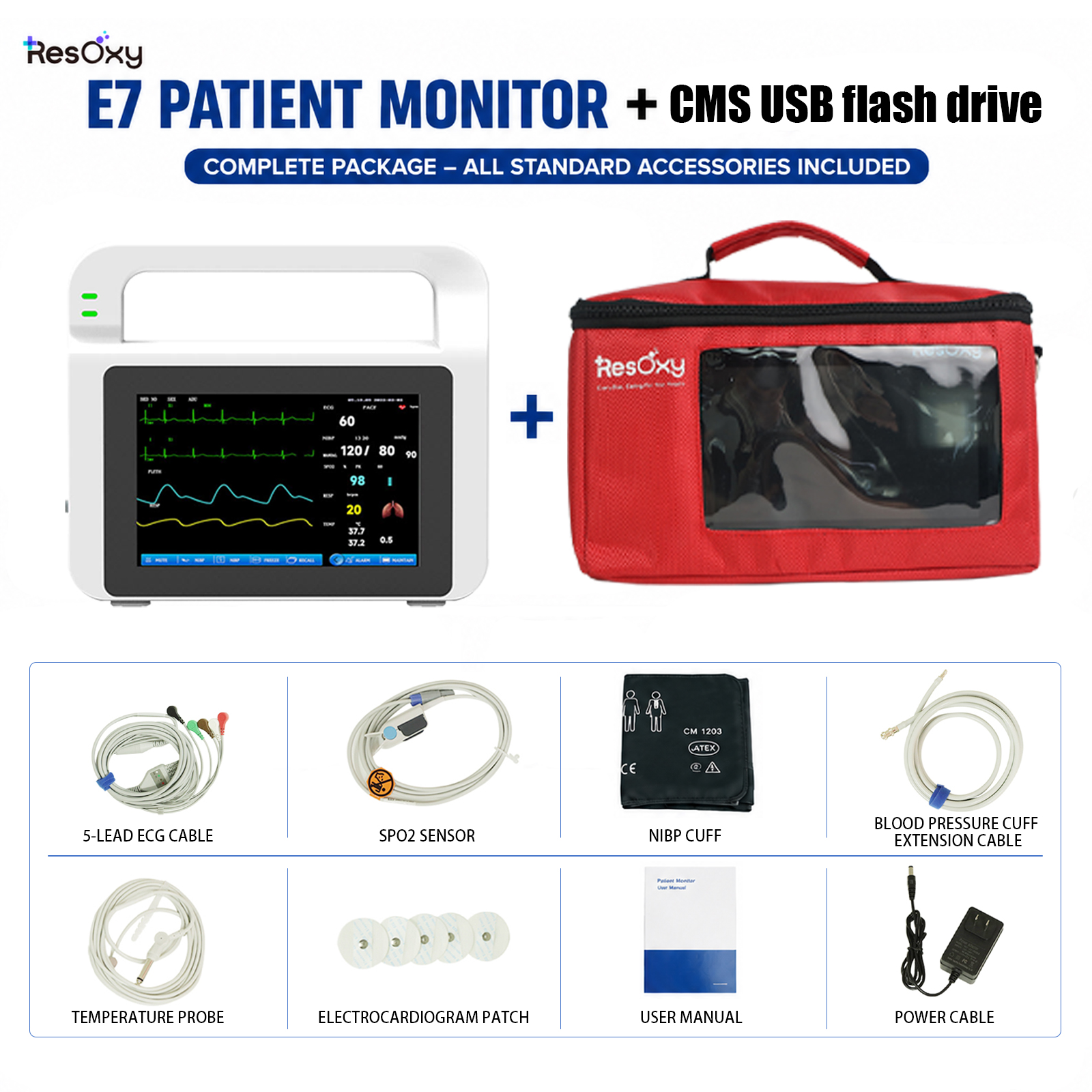 5” Portable Multi-Parameter Patient Vital Signs Monitor ECG/NIBP/SpO₂/TEMP/RESP/PR for Hospital, Clinic & Bedside Use