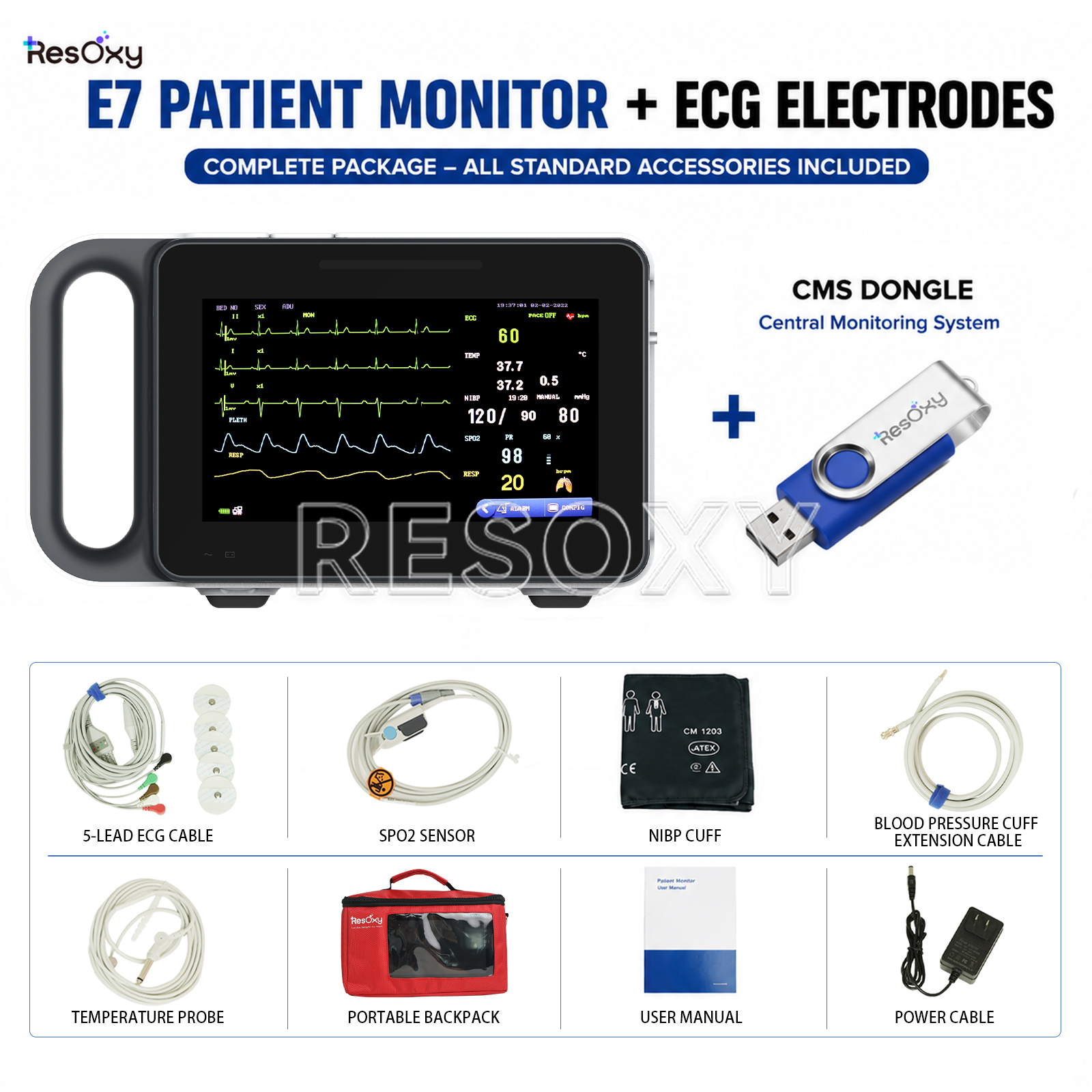 Portable Patient Monitor + CMS Central Monitoring USB ECG NIBP SPO2 PR TEMP RESP