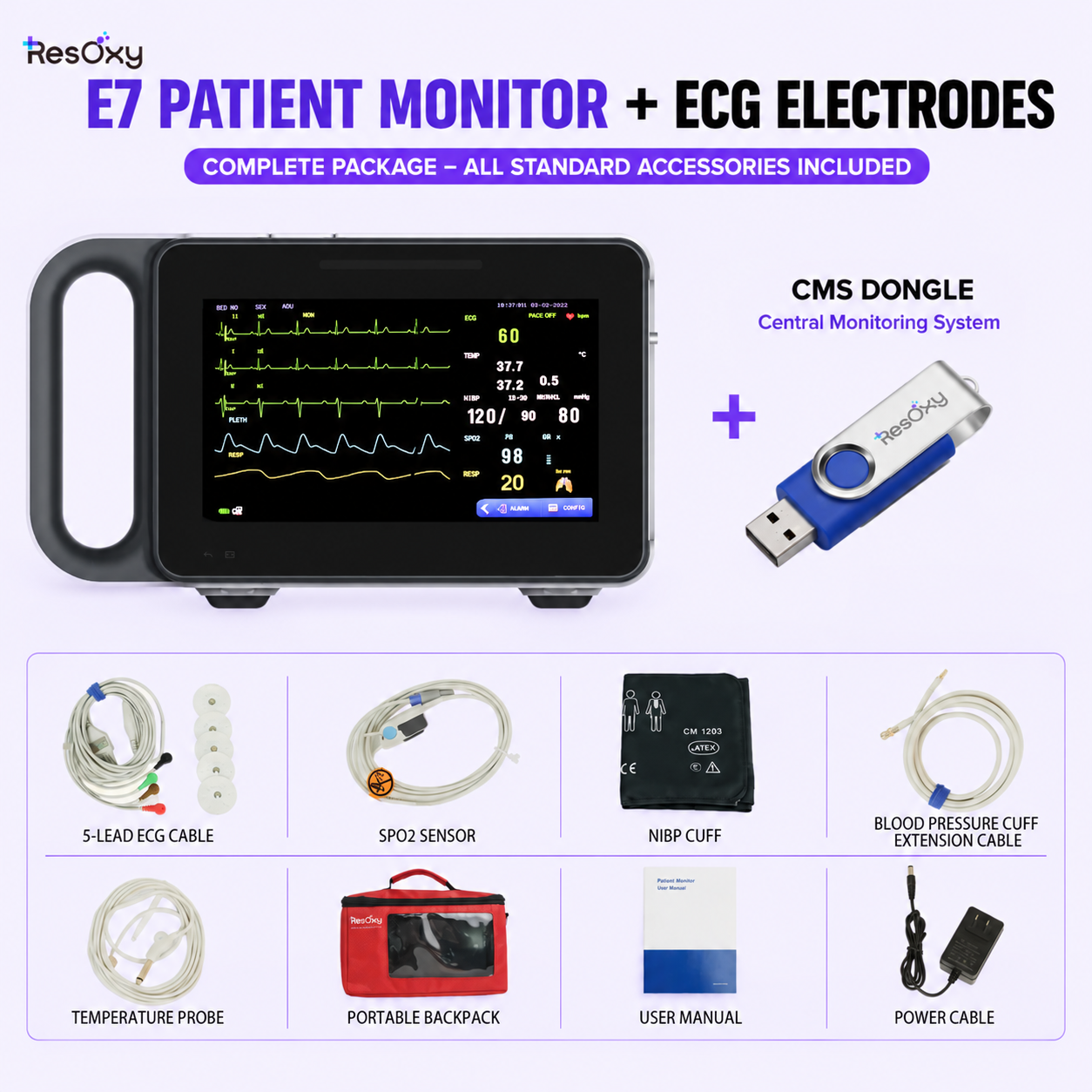 Portable Patient Monitor + CMS Central Monitoring USB ECG NIBP SPO2 PR TEMP RESP