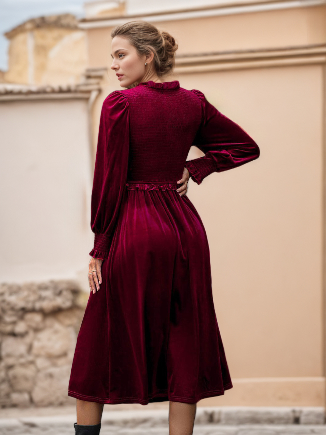 Velvet Dress V-Neck Long Sleeves Ruffles Trim A-Line Day Dresses