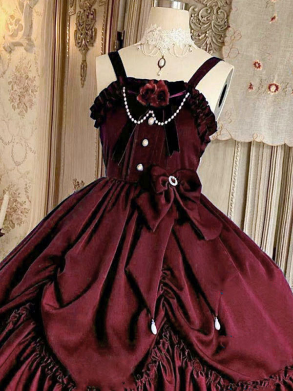 Victorian Classical Lolita JSK Dress Women Elegant Sweet Palace Queen Party Dresses Ink Green Ruffles Bows Sleeveless Polyester Lolita Girly Gothic Slip Dress