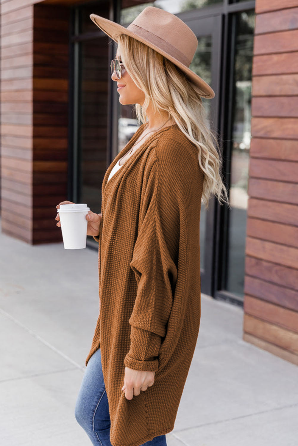 Brown Waffle Knit Open Front Rounded Hem Cardigan-yoyobikini