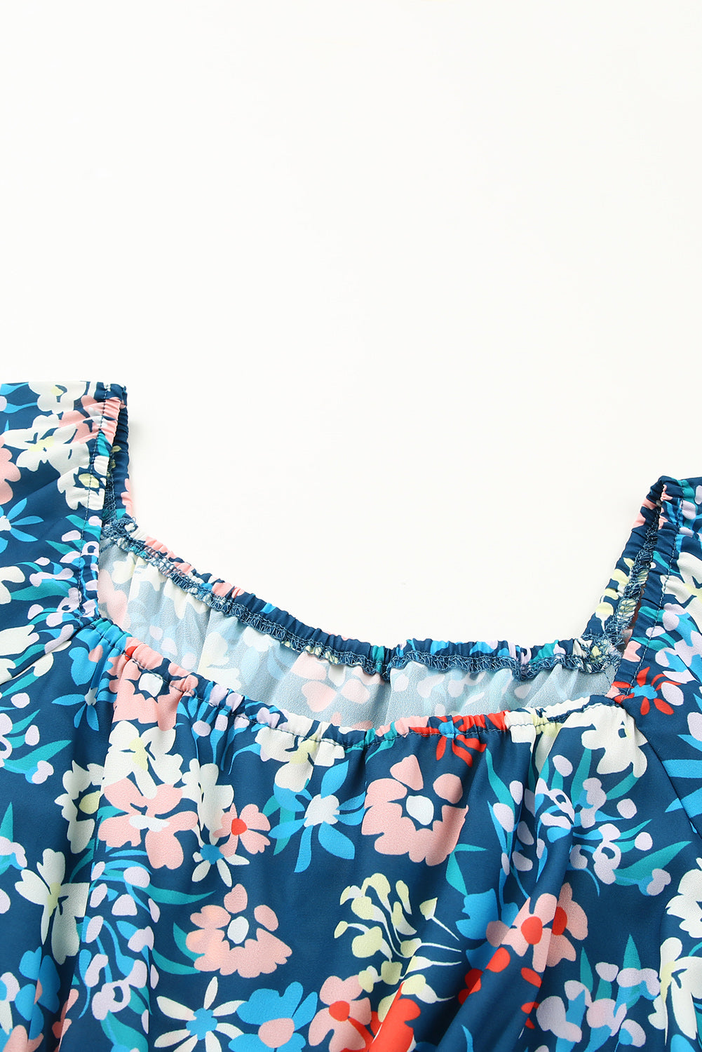 Blue Square Neck Ruffle Floral Dress-yoyobikini