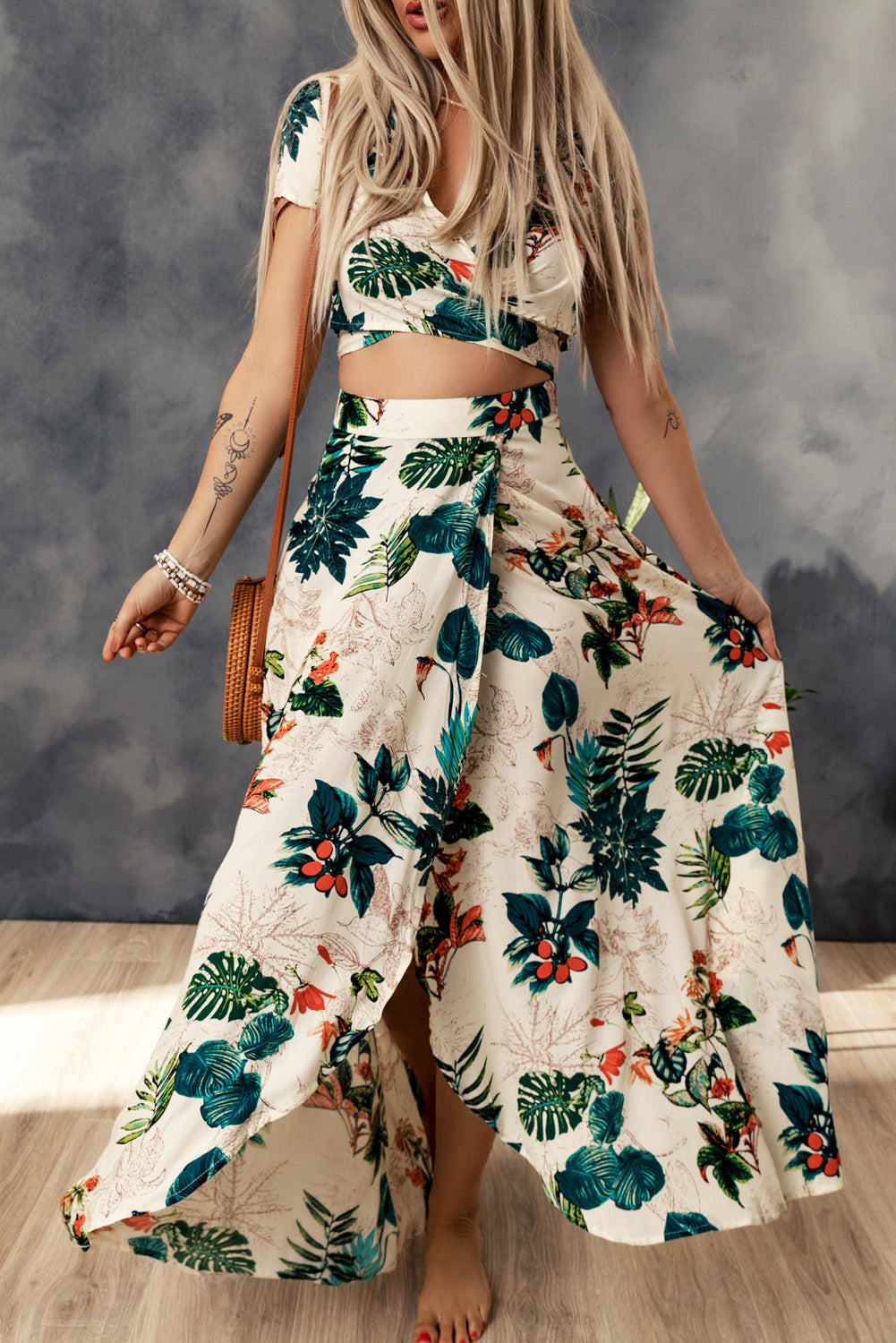 Apricot Tropical Print Crop Top and Maxi Skirt Set-yoyobikini