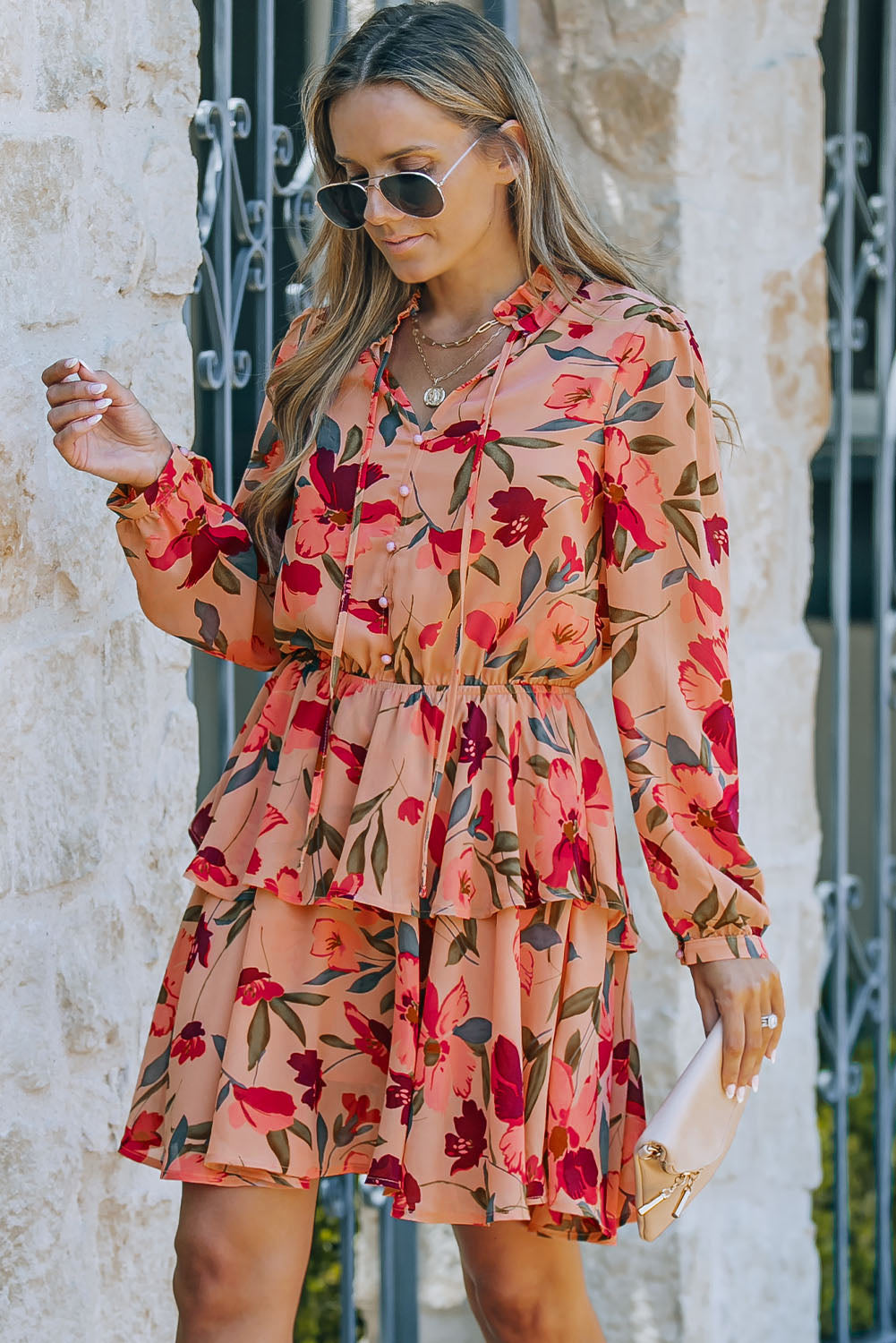 Red Frilled Collar Long Sleeve Floral Dress with Ruffle-yoyobikini