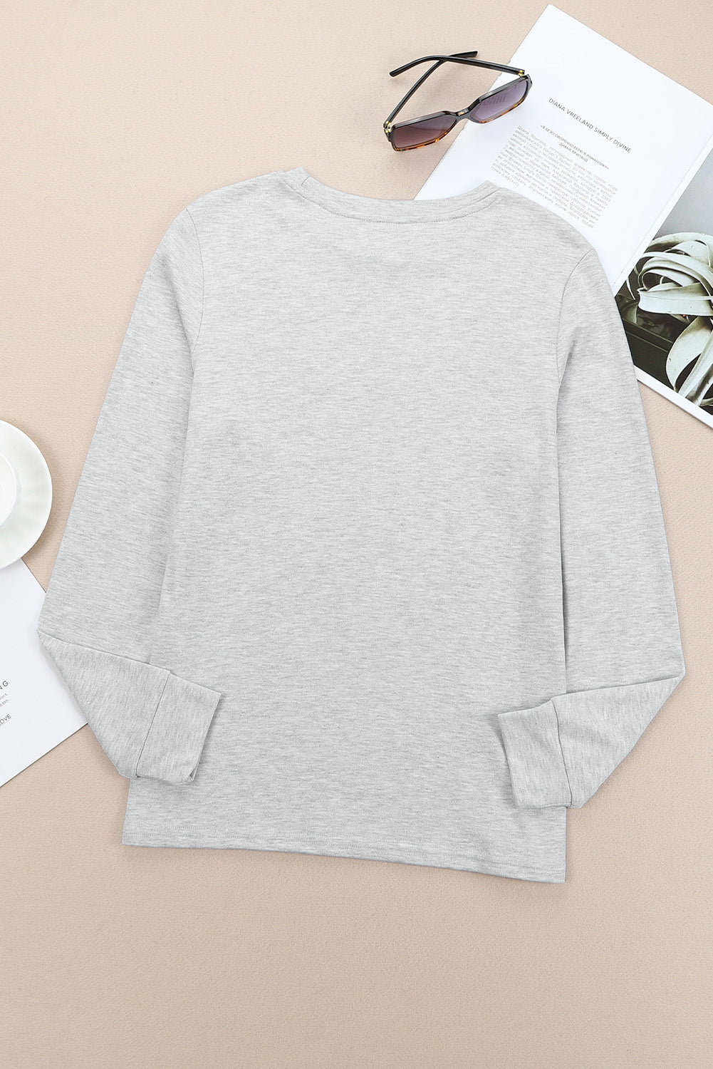 Gray Plain Crew Neck Long Sleeve Top-yoyobikini