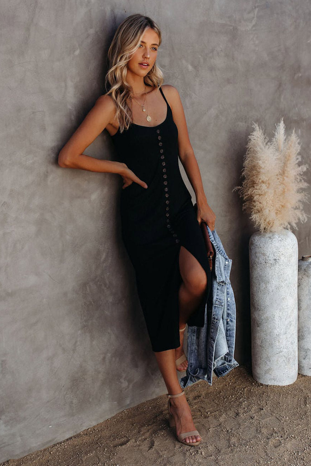Black Buttoned Ribbed Knit Sleeveless Midi Bodycon Dress with Slit-yoyobikini