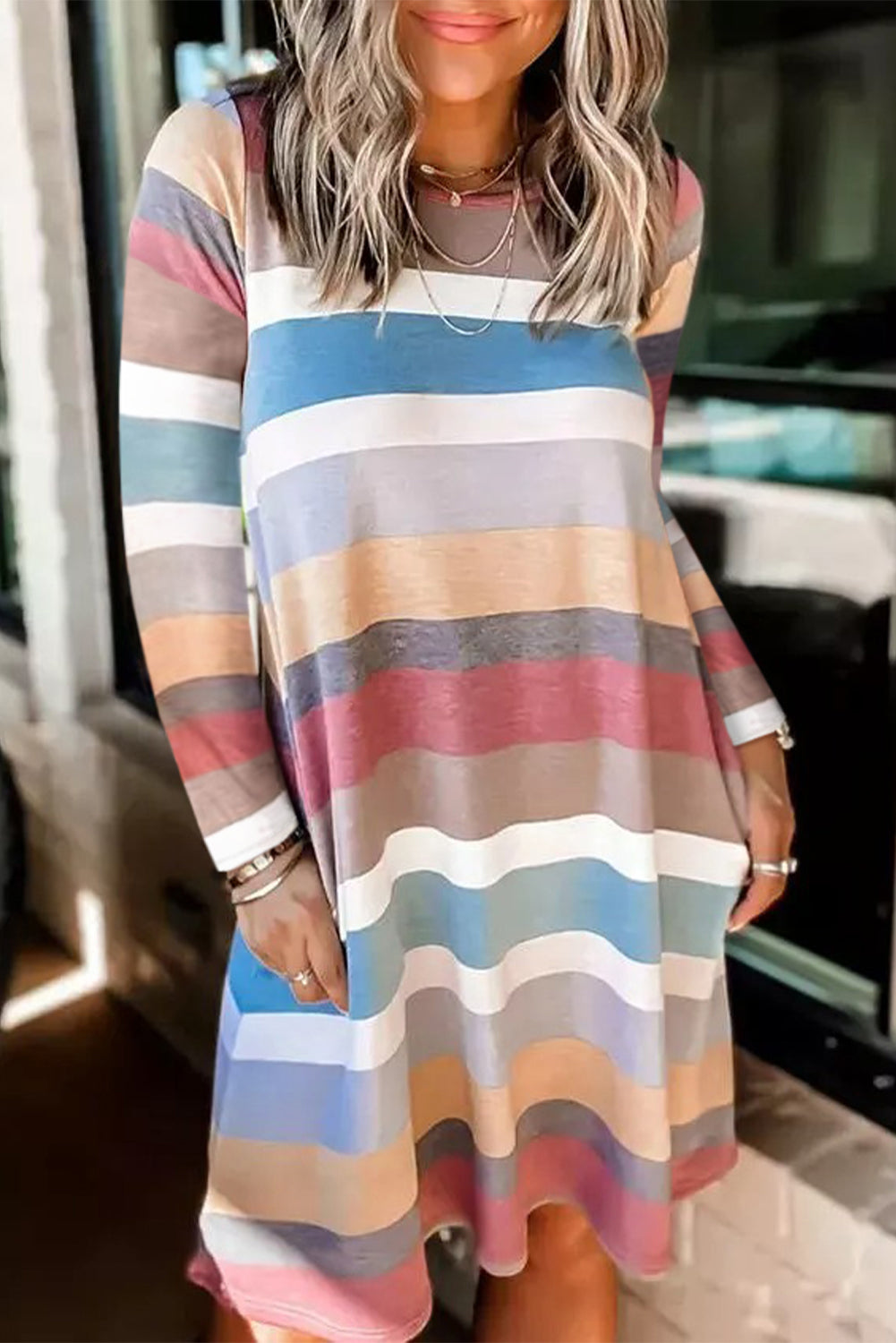 Rainbow Long Sleeve Stripes Mini Dress-yoyobikini